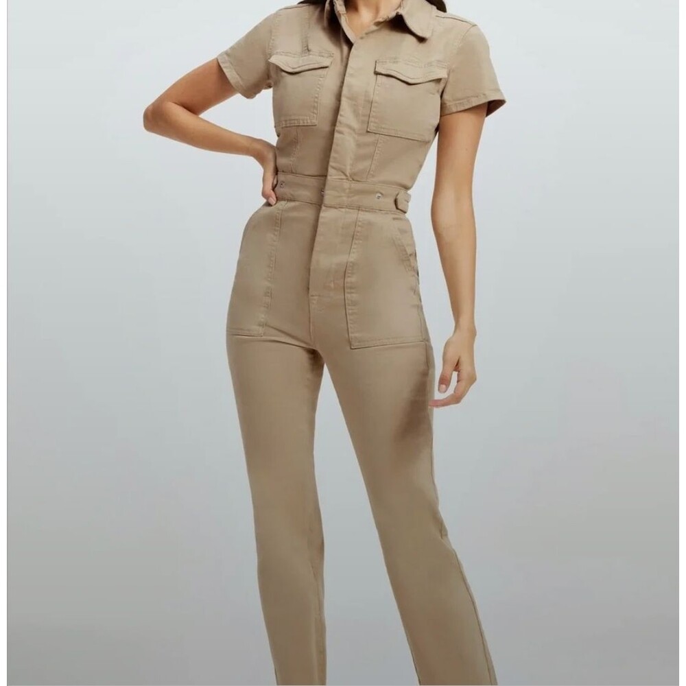 Good American Fit For Success Jumpsuit Womens Sz 4 Khaki Utility Zip Up